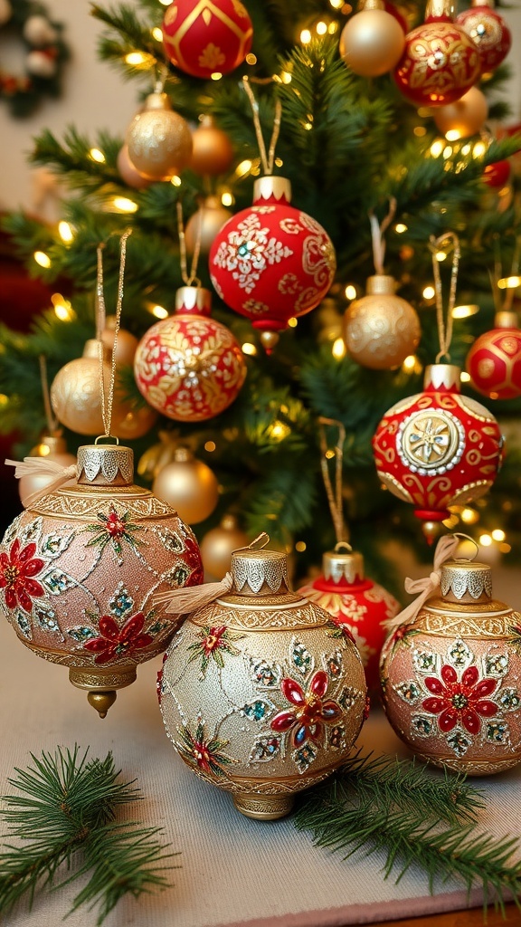 Zardozi Christmas Ornaments Crafting Guide A variety of zardozi Christmas ornaments with intricate embroidery and embellishments, displayed on a festive table.